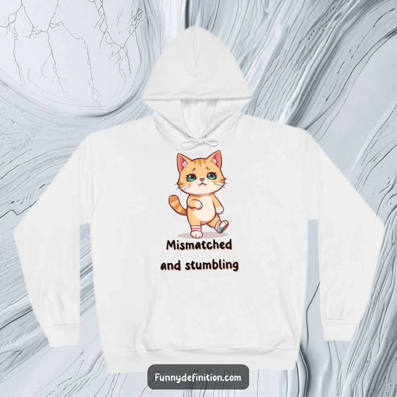 Funny hoodie illustrating a confused cat comically attempting to walk in mismatched socks, exuding playful bewilderment and feline charm.