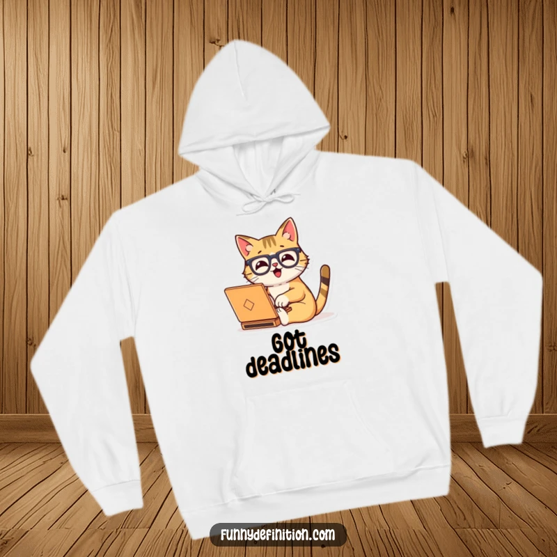 Funny hoodie showing a happy cat wearing oversized glasses, typing diligently on a tiny laptop.