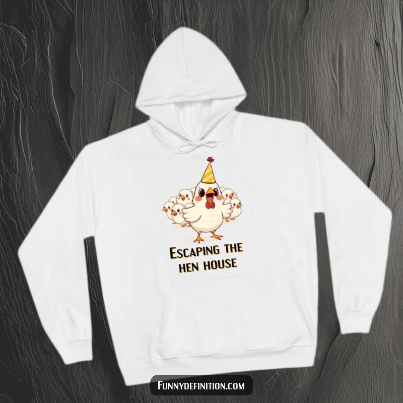 Funny hoodie illustrating a startled chicken sporting a tiny party hat, dramatically escaping from a crowd of its peers, full of funny drama.