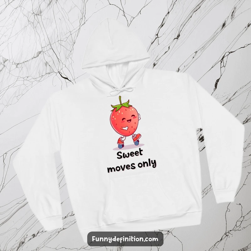 Funny plump strawberry character roller skating, featured on a cozy hoodie.