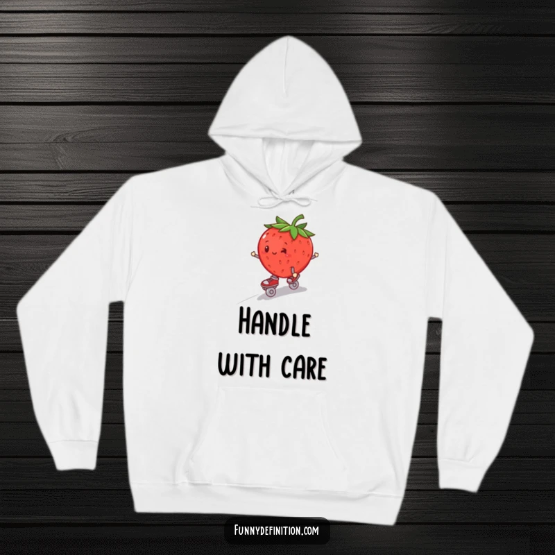Funny plump strawberry in roller skates, precariously wobbling downhill, on a soft, warm hoodie.