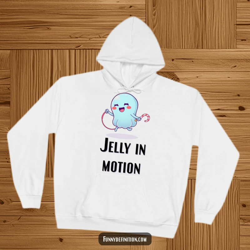 Funny hoodie depicting a wobbly jelly character jump roping with a licorice whip, cozy and humorous apparel.