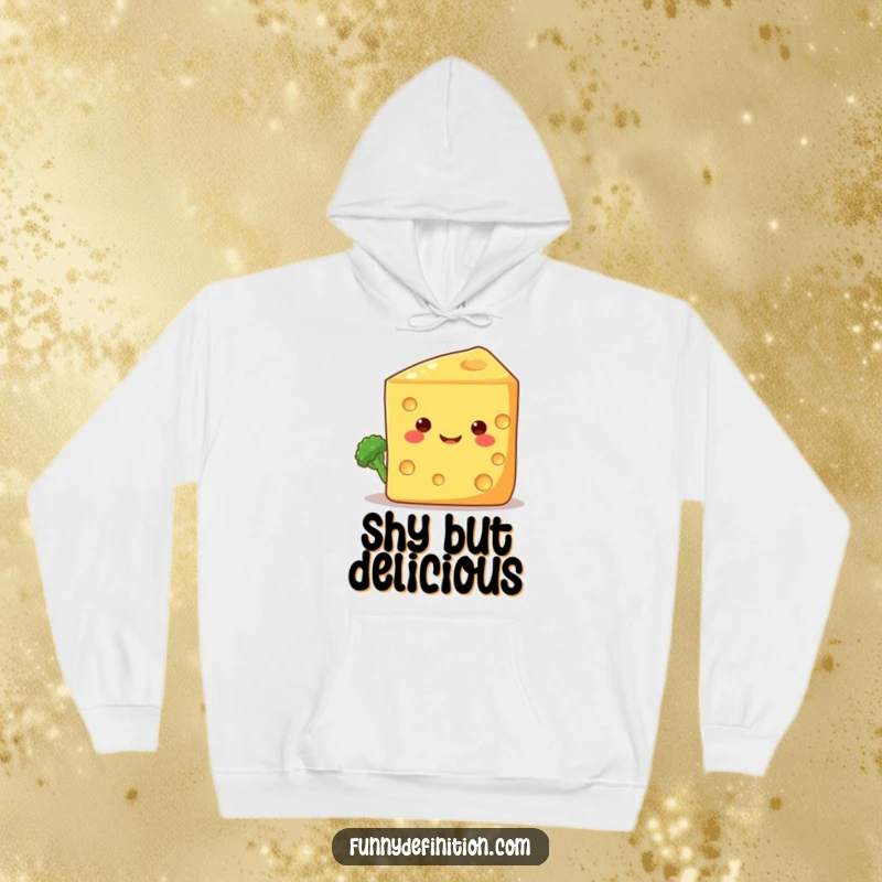 Funny hoodie featuring a shy broccoli floret hiding behind a large, smiling cheese wedge, a cozy depiction of veggie companionship.