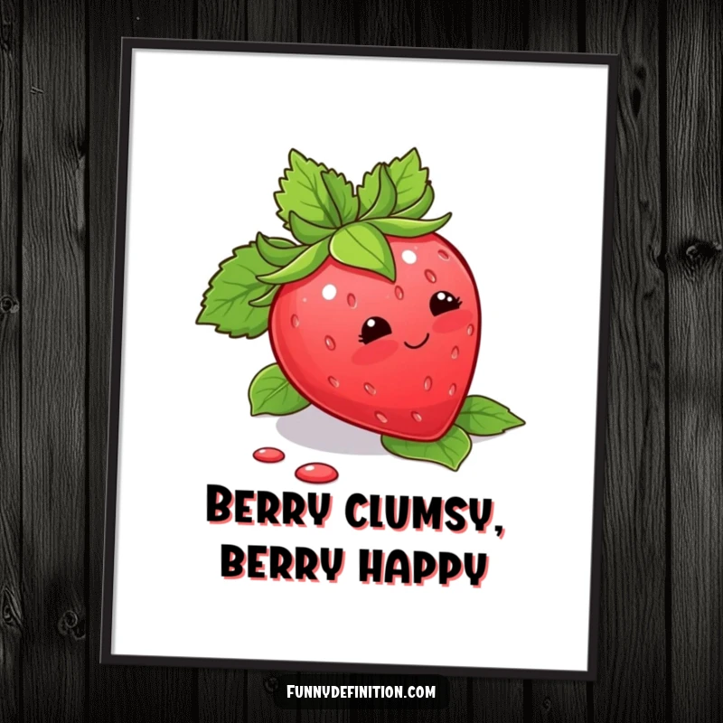 Funny Free Printable Wall Art of a blushing strawberry comically tripping over its own leaves, showcasing sweet, shy charm.