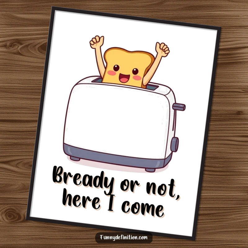 Funny Free Printable Wall Art: A cheerful toast leaping triumphantly from a toaster with raised arms, a humorous downloadable.