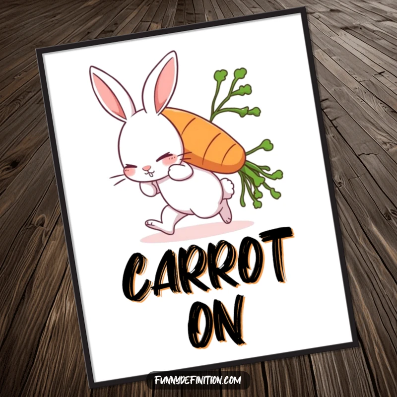 Funny free printable wall art of a rabbit comically burdened by an oversized carrot, leaning forward in a determined struggle.