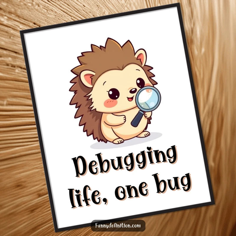 Funny free printable wall art: a happy hedgehog diligently debugging code with a magnifying glass, embodying cute techie vibes.