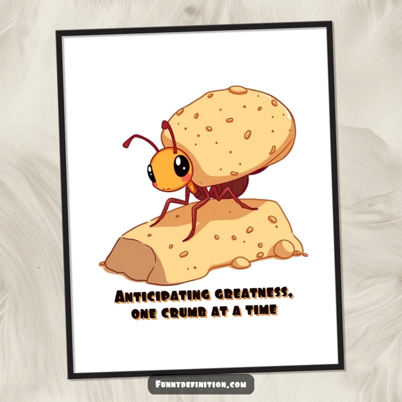 Funny Free Printable Wall Art featuring a determined ant carrying a massive crumb uphill, symbolizing perseverance and humor.