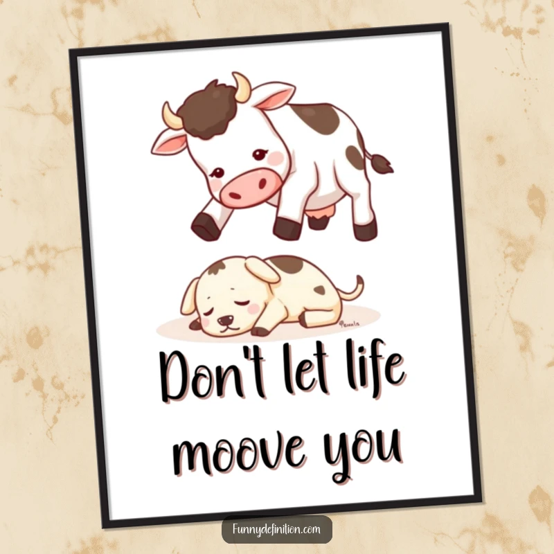 Funny Free Printable Wall Art showing a cow attempting to leap over a tiny, snoozing dog, capturing a moment of ambitious silliness.