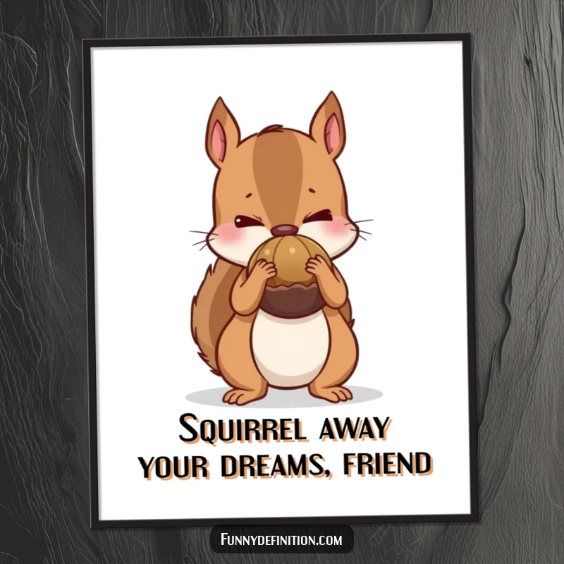 Funny Free Printable Wall Art showing a nervous squirrel attempting to hide an enormous nut behind its tiny back, full of secrets.
