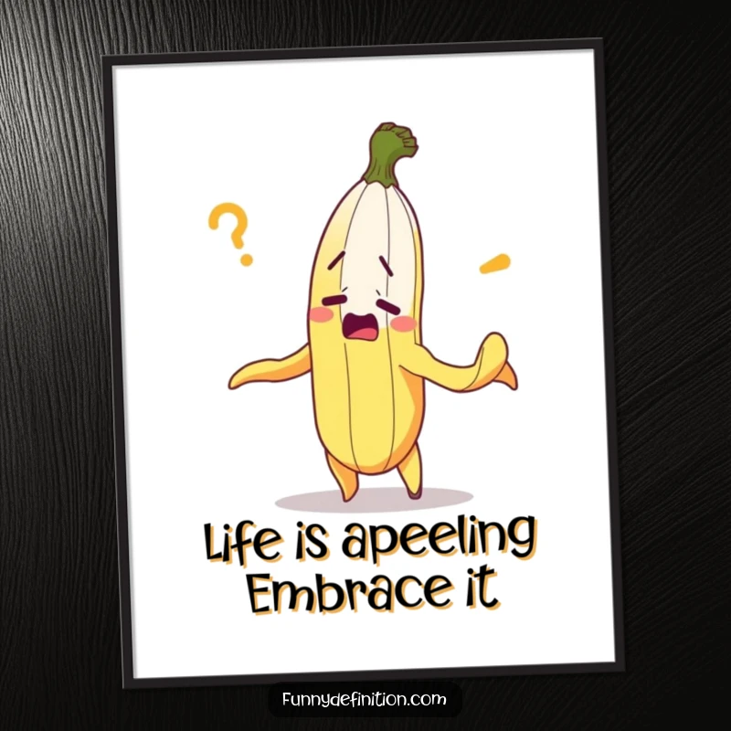 Funny Free Printable Wall Art: A bewildered banana comically peels itself in a state of confusion. Quirky downloadable decor.