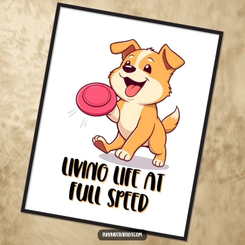 Funny free printable wall art capturing a joyful dog mid-leap, tongue out, intensely focused on catching a frisbee in the air.