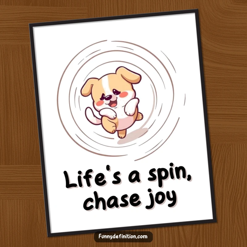 Funny Free Printable Wall Art: A bewildered dog is caught in a dizzying, continuous spiral while chasing its own tail.