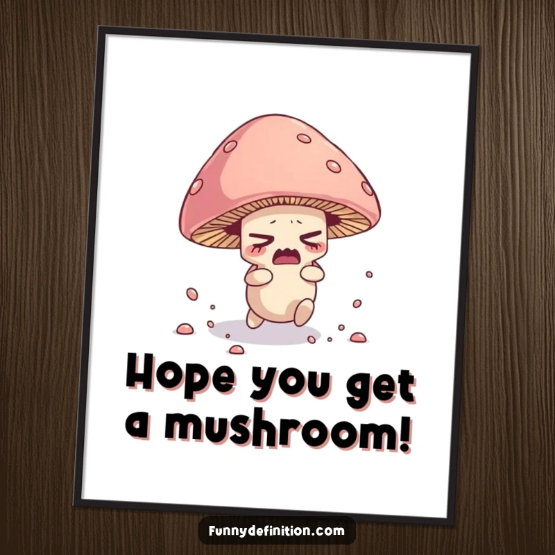 Funny Free Printable Wall Art: A nervous mushroom character hilariously tripping over its own cap, scattering spores.