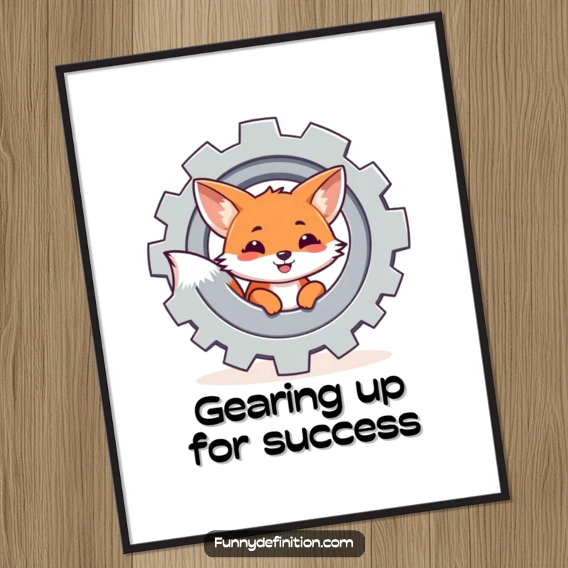 Funny free printable wall art: a cheerful fox peeking from behind a large, spinning gear, embodying playful curiosity.
