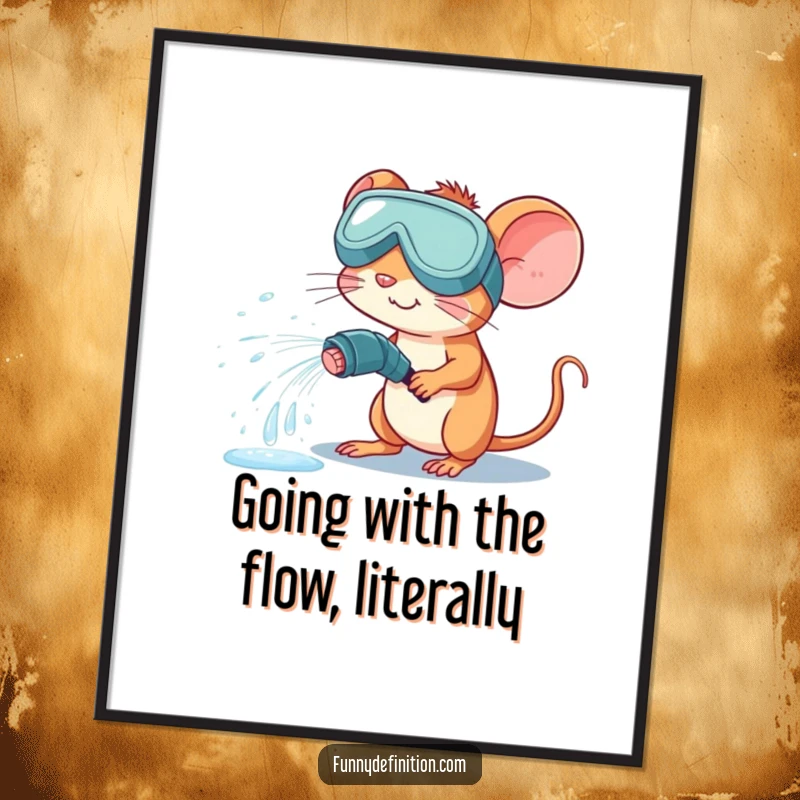 Funny Free Printable Mouse Wall Art: A mouse wearing goggles, accidentally spraying water from a hose, for humorous decor.