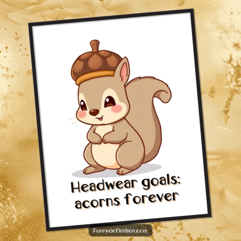 Funny Free Printable Wall Art: A squirrel accidentally wears a large acorn as a stylish hat. Quirky downloadable decor.