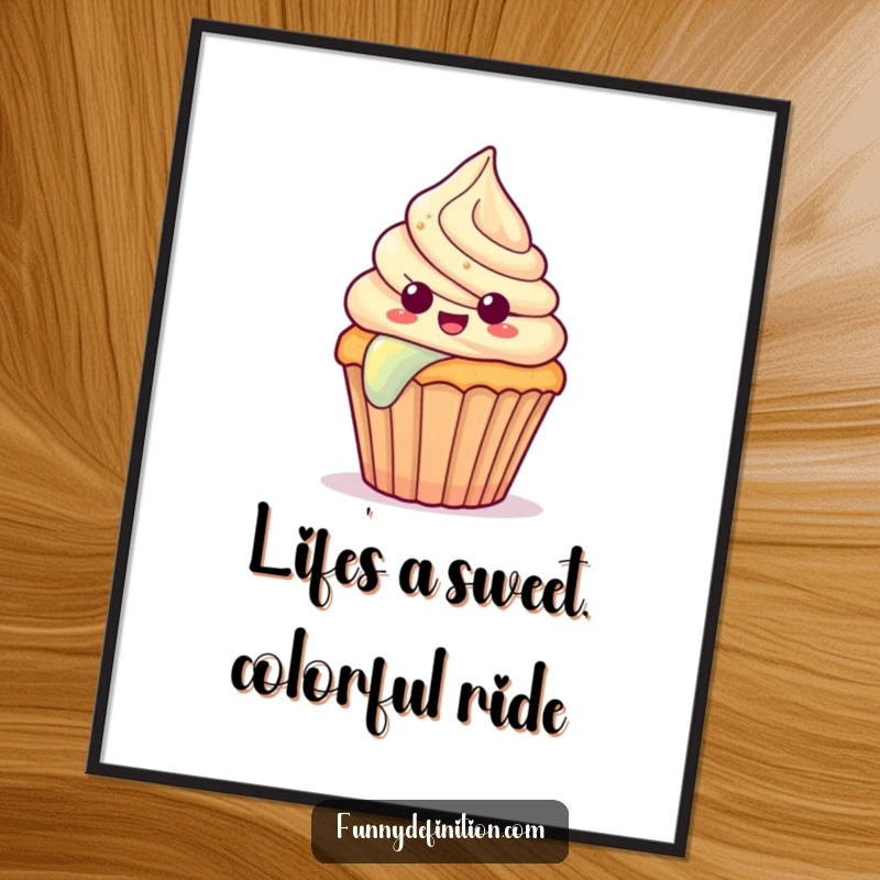 Funny Free Printable Wall Art: A surprised cupcake with frosting slides down a colorful rainbow. Sweet downloadable decor.