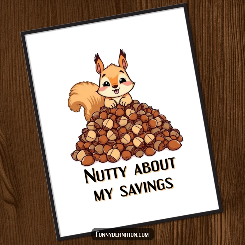 Funny free printable wall art: A mischievous squirrel sits protectively over an absurdly large pile of acorns, downloadable art.