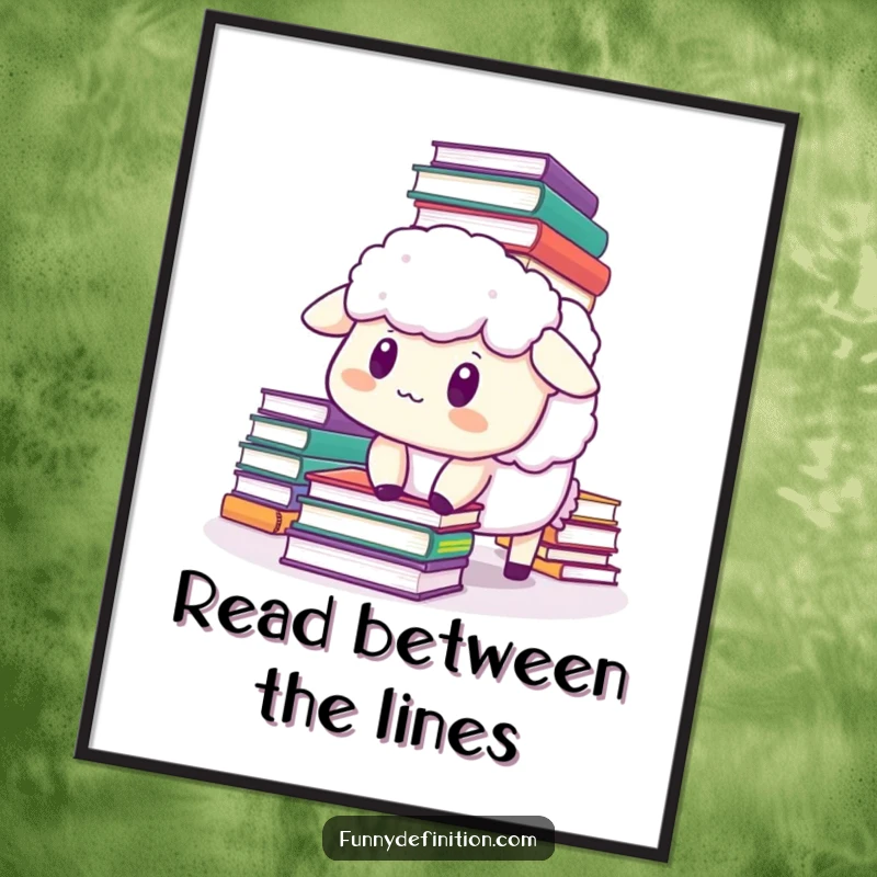 Funny free printable wall art depicting a sheep comically startled by falling books, a humorous and relatable meme illustration.
