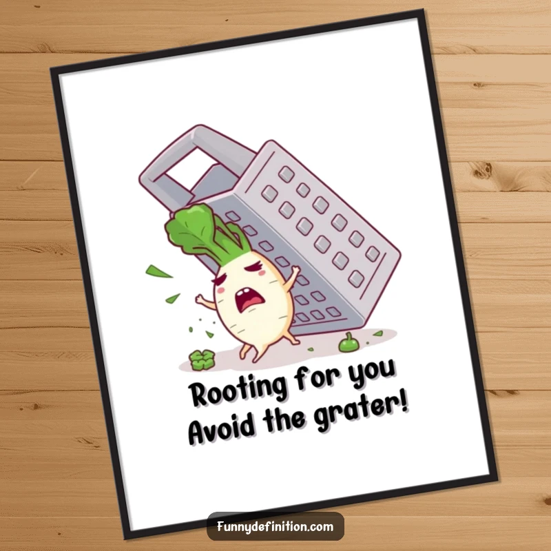 Funny Free Printable Wall Art: A small, wide-eyed radish makes a mad dash to escape the sharp, menacing blades of a giant grater.