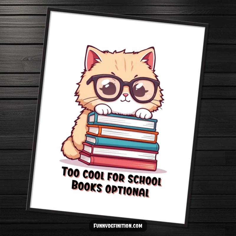 Funny Free Printable Wall Art: Fluffy cat wearing oversized glasses, humorously balancing a precarious stack of books.