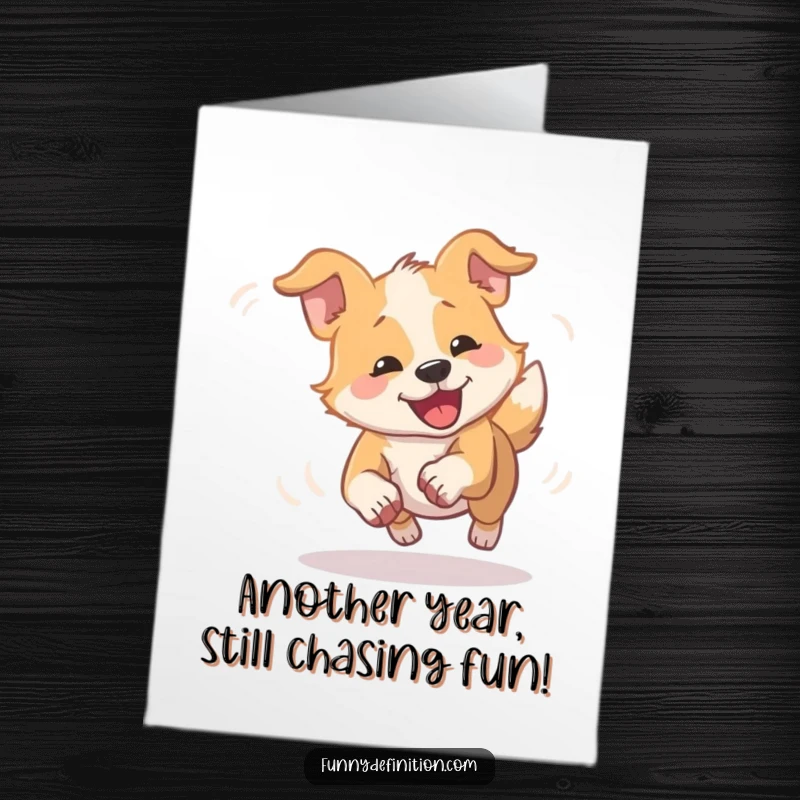 Funny Free Printable Birthday Card featuring a dog spinning into a dizzy blur chasing its tail, pure birthday chaos.