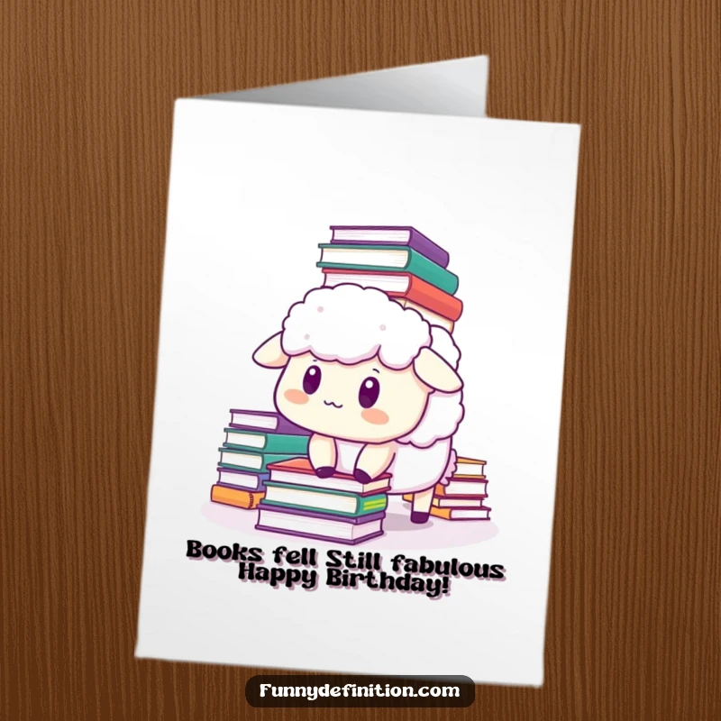 Funny free printable birthday card featuring a startled sheep with books falling on its head, a hilarious and relatable meme.