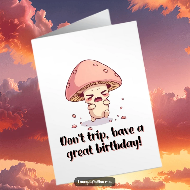 Funny Free Printable Birthday Card: Nervous mushroom tripping over its cap, scattering spores in a funny, surprised birthday wish.