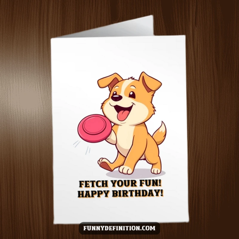 Funny free printable birthday card with a happy dog leaping with its tongue out, chasing a frisbee in mid-air.