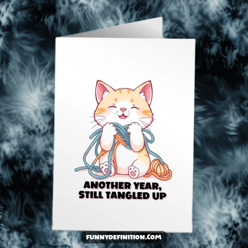 Funny Free Printable Birthday Card: A cat hilariously struggles, tangled in a giant ball of yarn. A comical DIY gift.