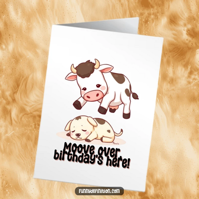 Funny Free Printable Birthday Card shows a cow attempting an impossible jump over a small, soundly sleeping dog below.