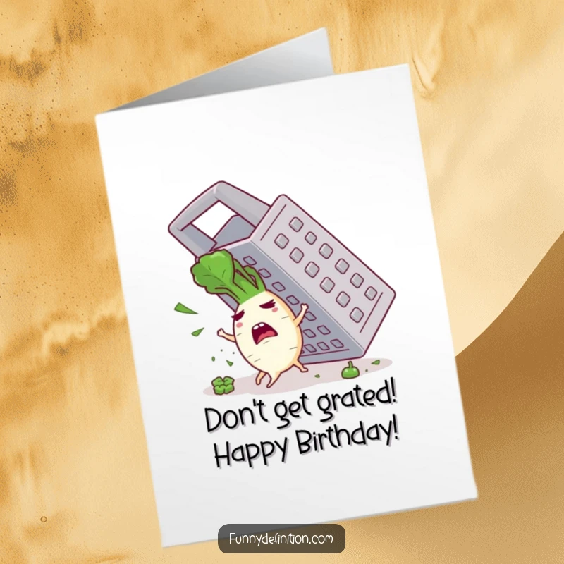 Funny Free Printable Birthday Card: A small, red radish with wide eyes frantically tries to flee a looming, sharp giant grater.