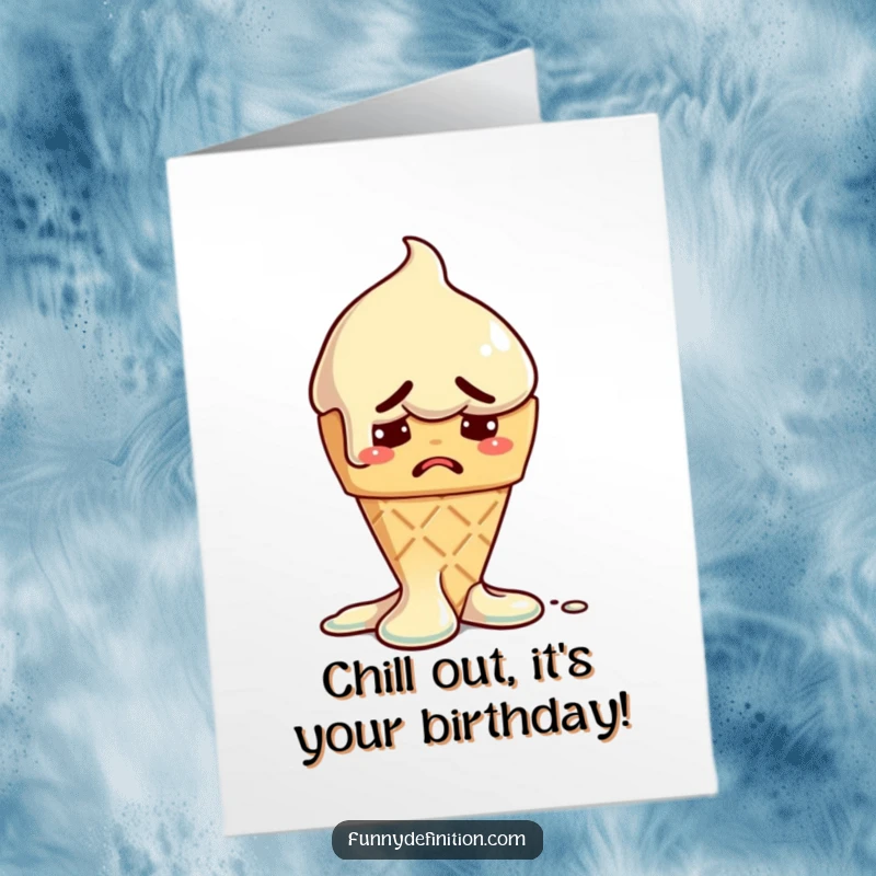 Funny Free Printable Birthday Card features a melting ice cream cone with a worried expression, symbolizing a stressful but sweet occasion.