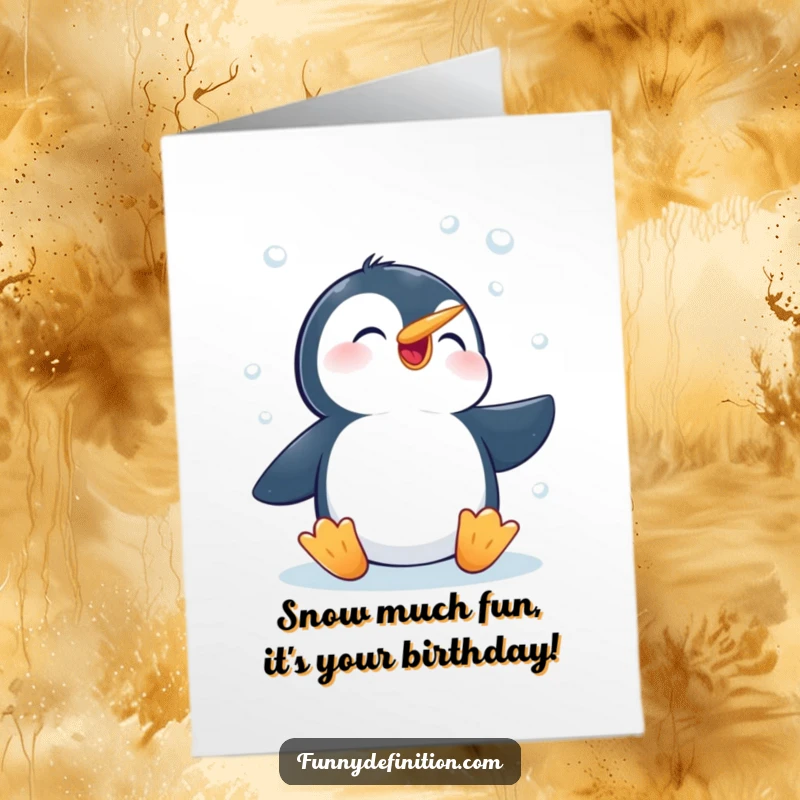 Funny Free Printable Penguin Birthday Card: A happy penguin joyfully catching snowflakes with its beak, ready to celebrate.