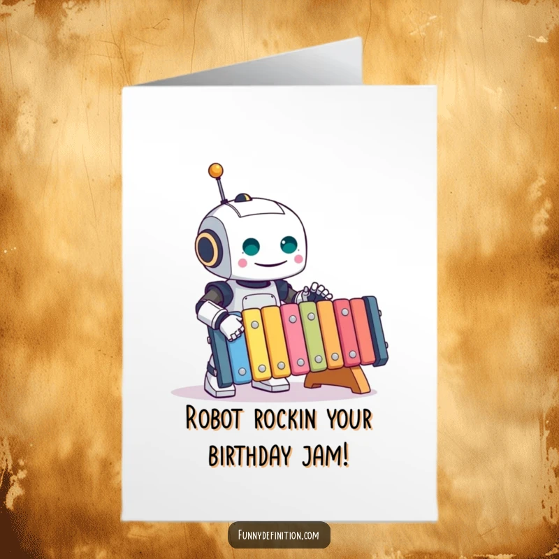 Funny Free Printable Robot Birthday Card: A cheerful robot happily clangs a giant xylophone, spreading musical joy.