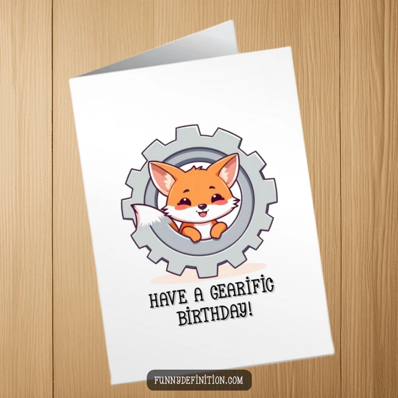 Funny free printable birthday card: a cheerful fox peeking from behind a large, spinning gear, adding a touch of playful mystery.