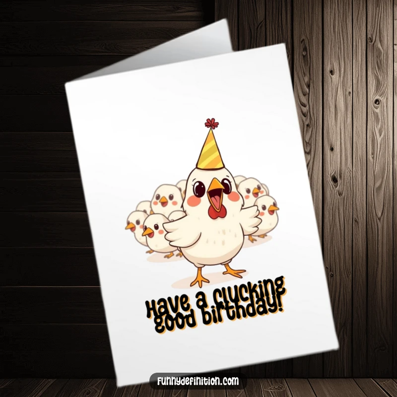 Funny Free Printable Birthday Card: A startled chicken in a tiny hat bolts from a flock, fleeing birthday festivities.