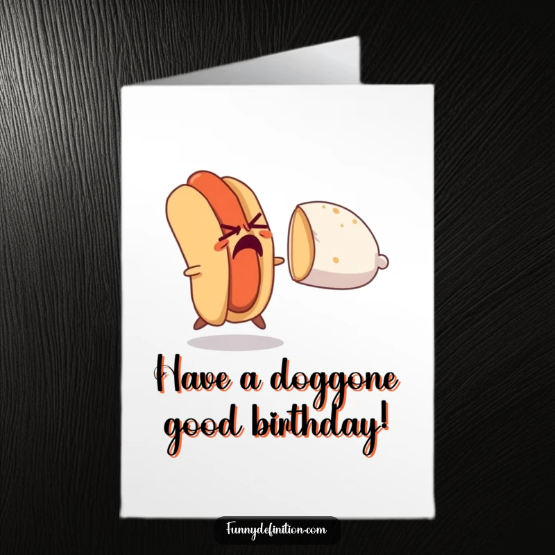 Funny Free Printable Birthday Card: Nervous hot dog sprinting away from a chasing bun, a frantic and comical scene.