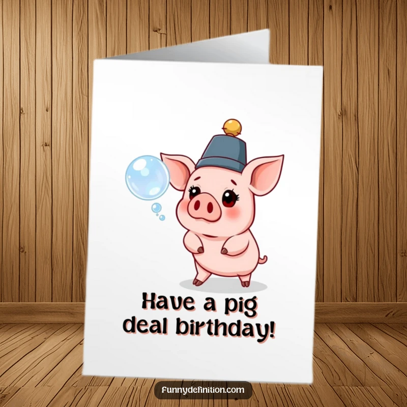 Funny Free Printable Birthday card with a pig wearing a ridiculous hat, eyes wide with surprise as a floating bubble drifts near its snout.