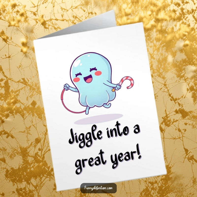 Funny Free Printable Birthday Card: A wobbly jelly happily jumps rope with a licorice whip, spreading birthday cheer.