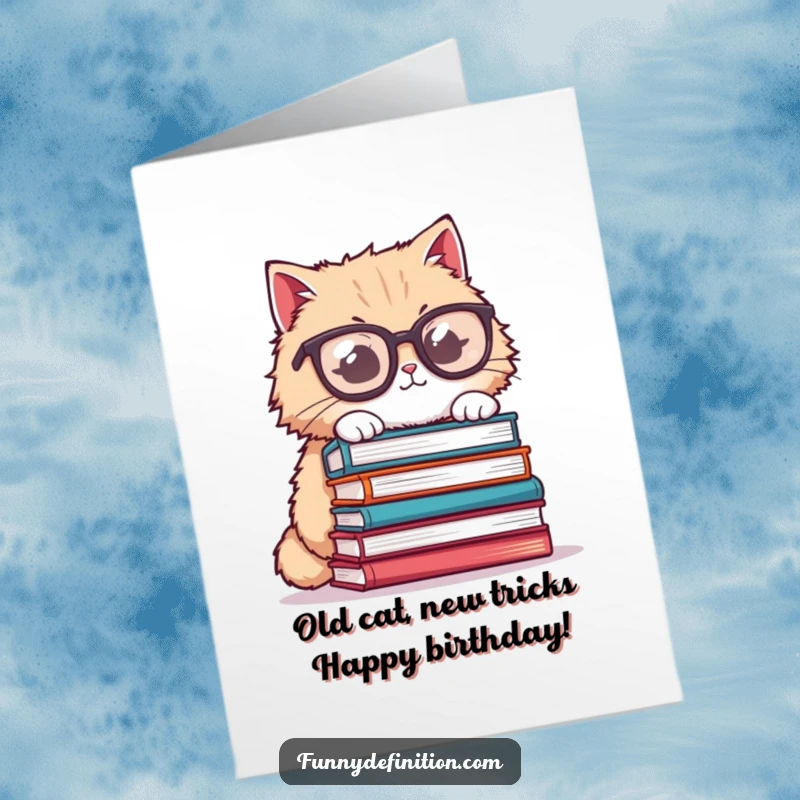 Funny Free Printable Birthday Card: Fluffy cat wearing oversized glasses, precariously balancing a tall stack of books.