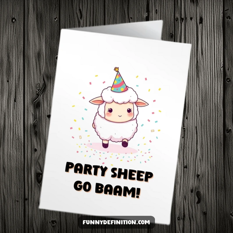 Funny Free Printable Birthday Card: Fluffy sheep with party hat struggles to herd bouncing confetti, creating a chaotic celebration.