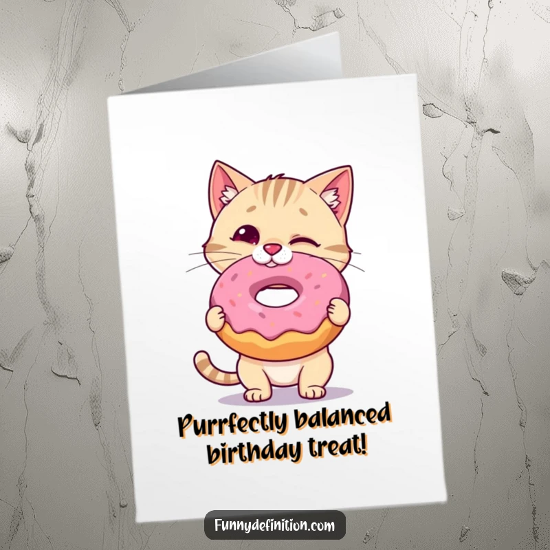 Funny Free Printable Cat Birthday Card: A wobbly cat hilariously balances a giant donut on its nose, celebrating sweetly.
