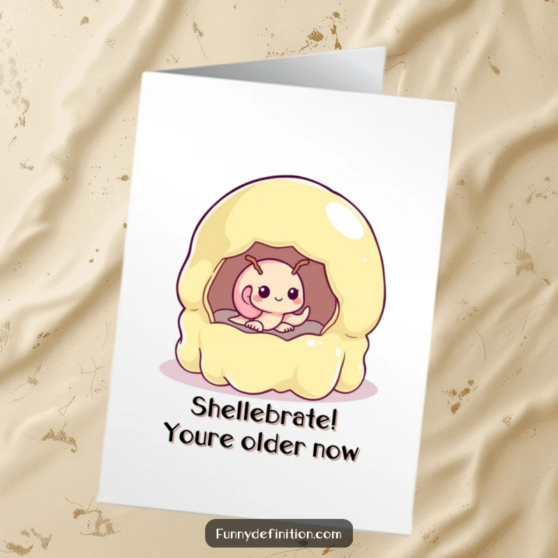 Funny Free Printable Birthday Card: Shy snail peeking from a giant wobbly jelly mold, an adorable and humorous downloadable.