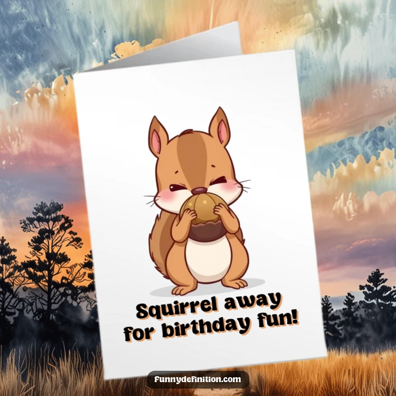 Funny Free Printable Birthday Card shows a nervous squirrel attempting to hide a comically oversized nut behind its small back.