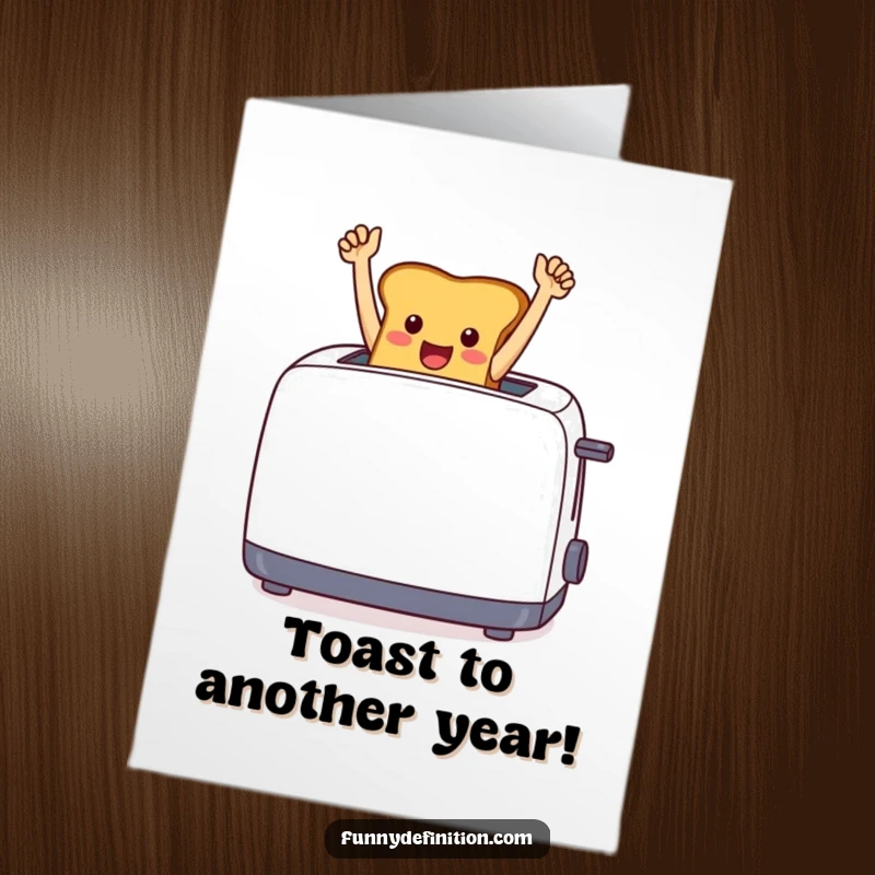 Funny Free Printable Birthday Card: A cheerful piece of toast leaping from a toaster, arms up in victory, a funny downloadable.