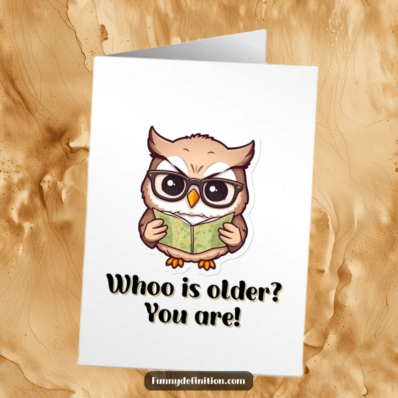 Funny Free Printable Birthday Card: A confused owl wearing glasses squints at a tiny map. A humorous DIY downloadable.
