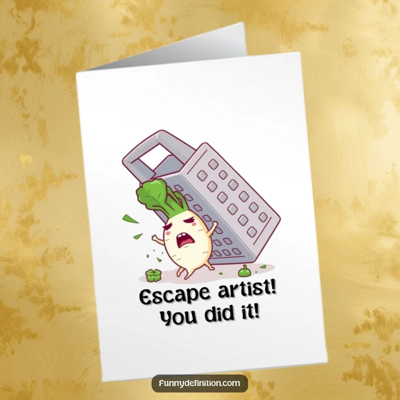 Funny Free Printable Congratulations Card: A terrified radish scrambles away from the sharp teeth of an enormous food grater, a true escape artist.