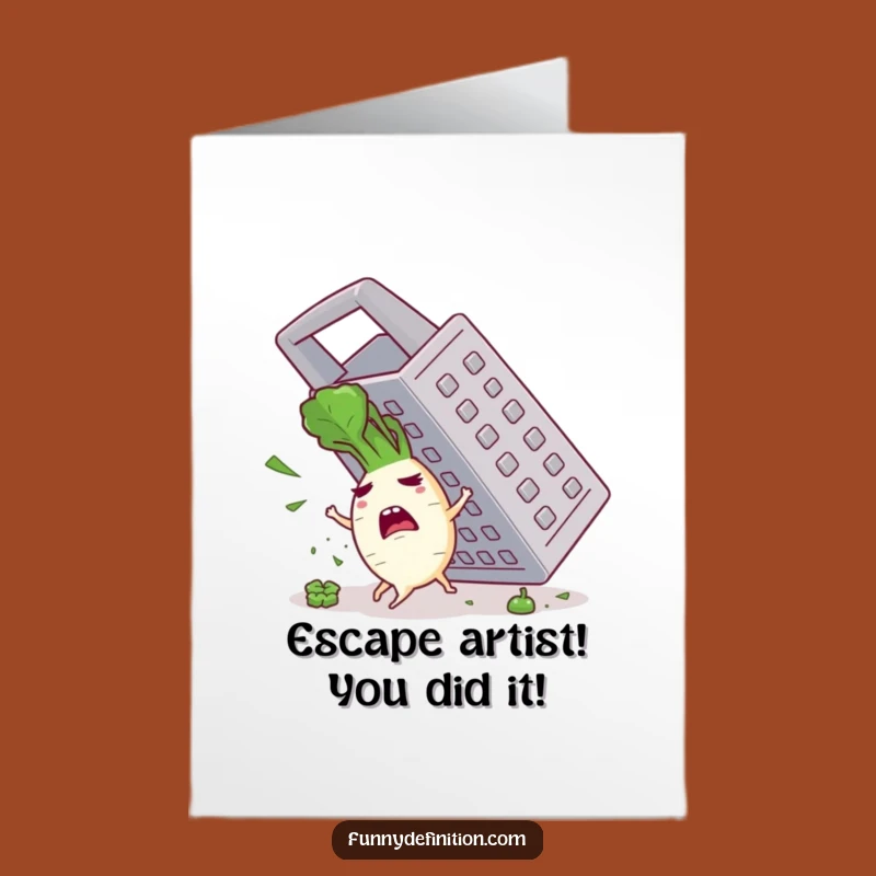 Free Printable Congrats Card: Radish Escapes Grater, Funny Downloadable for Dodging Trouble